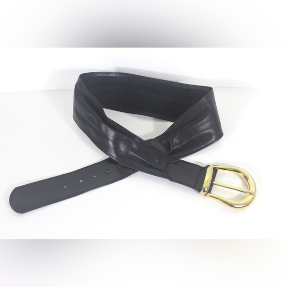 1980’s Wide Black Leather Belt with Big Gold Buckle - Picture 1 of 6